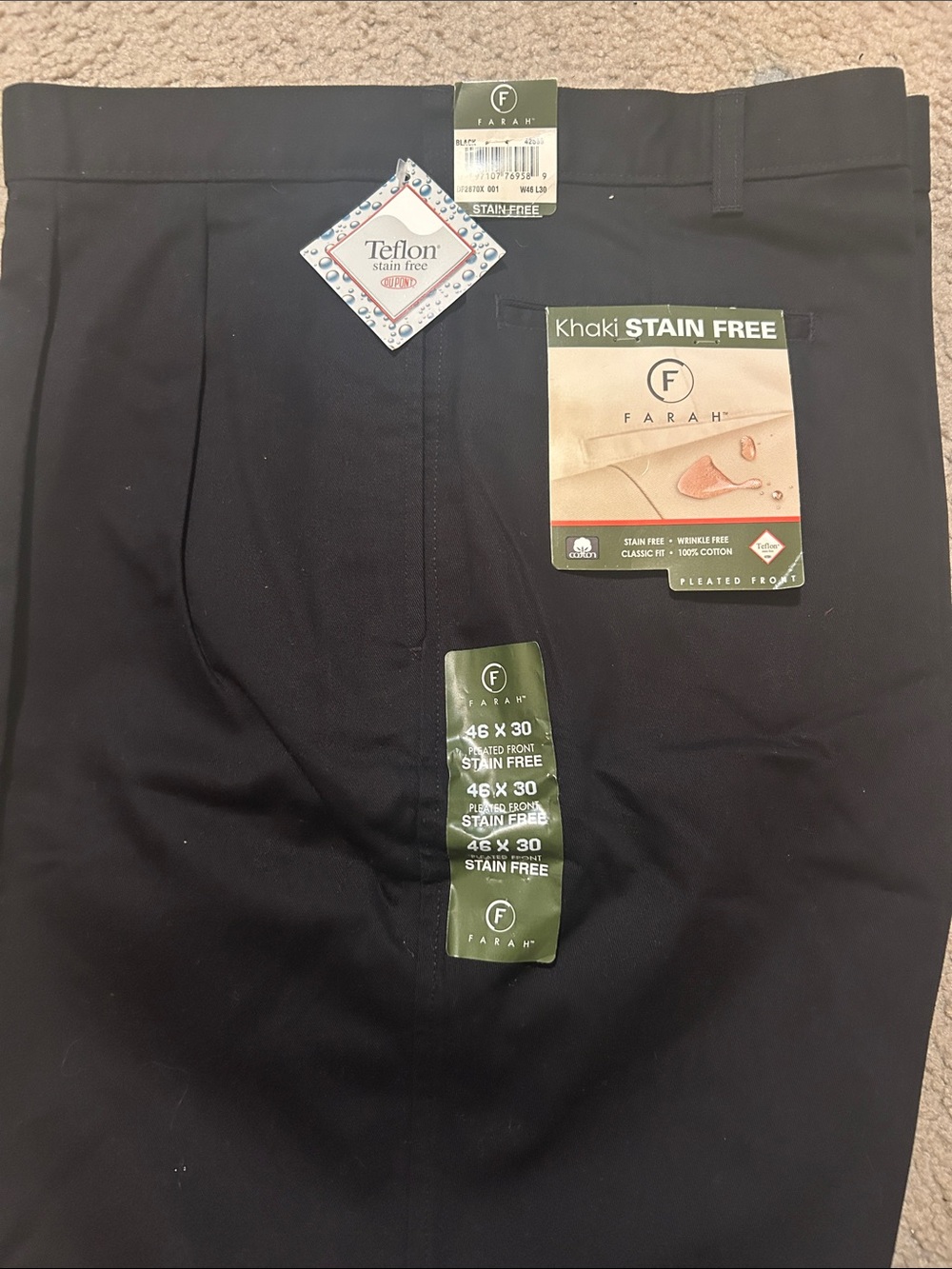 Farah Black Khaki Stain-Free Pleated Front Pants